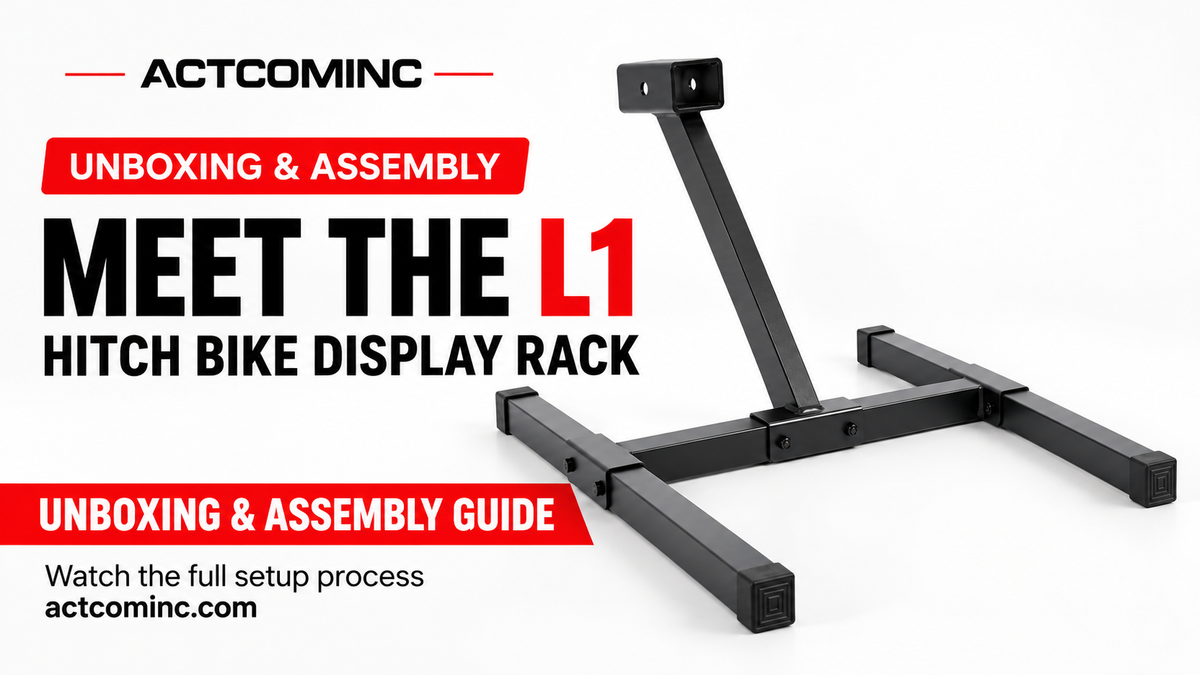 Load video: Learn how to unbox and assemble the CRAVOT Hitch Bike Display Rack L1 with this step-by-step video guide. This video walks you through the unboxing and assembly process to help you get your display stand ready for use.