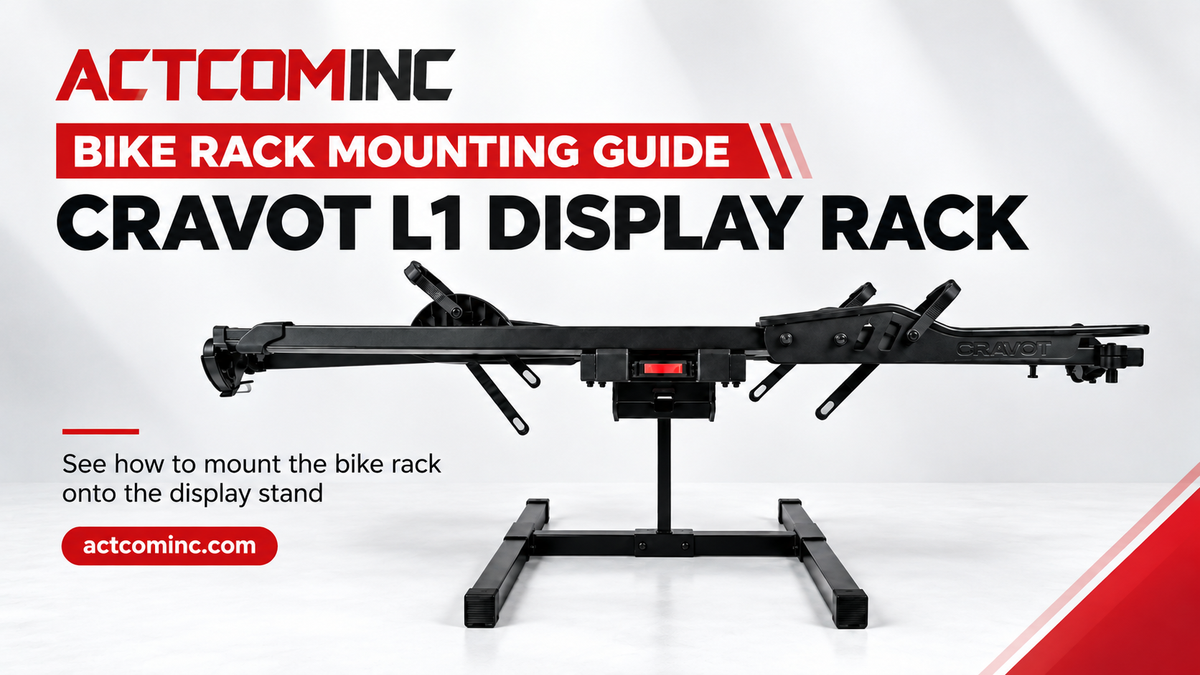 Load video: Learn how to mount a hitch bike rack onto the CRAVOT L1 Display Stand. This video demonstrates the mounting process, helping dealers and retailers set up their bike racks for in-store displays and product demonstrations.